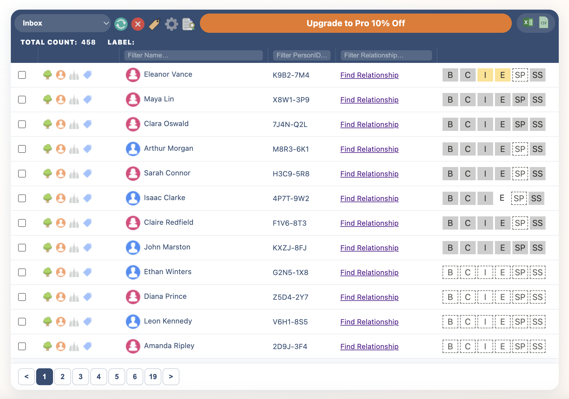 The HopeChest table view, showing saved names with ordinance status columns and toolbar icons