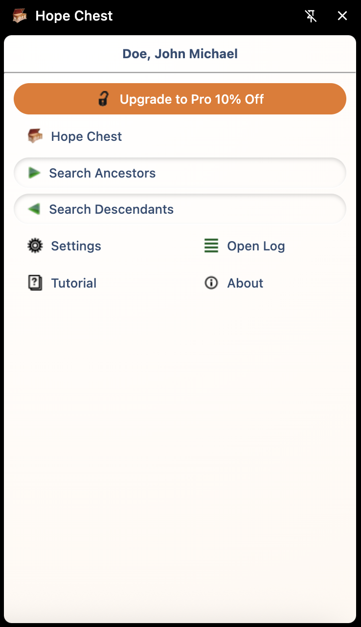 The HopeChest sidebar menu, showing Search Ancestors, Search Descendants, Settings, and other options