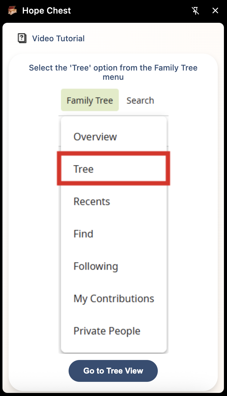 HopeChest prompting you to select Tree from the FamilySearch Family Tree menu